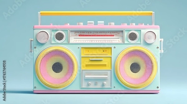 Fototapeta Brightly colored portable stereo music player rests against a light blue background