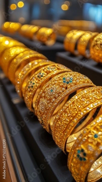 Fototapeta Gold bracelets with precious stones on a jewellery shop window, shining in soft light. Suitable for advertising jewellery and luxury accessories.