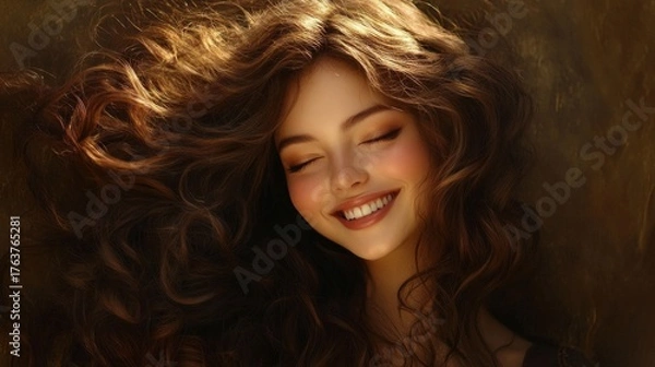 Fototapeta Girl with long wavy hair and closed eyes smiling, enjoying the moment.
Suitable for cosmetics adverts, articles about beauty and hair care or positive motivational materials.