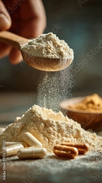 Fototapeta Macro shot of protein powder with enzyme capsules, soft natural lighting, enhanced nutrient absorption theme