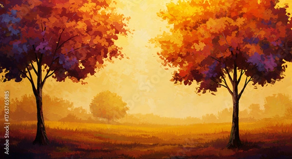 Obraz Autumn Landscape with Colorful Trees and Warm Sunset Light