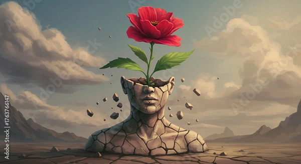 Obraz Surreal Cracked Stone Bust with Red Flower Growing Out of Head in Dreamlike Landscape