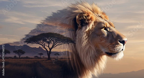 Obraz Majestic Lion in African Savannah Sunset Featuring Tall Trees and Warm Lighting