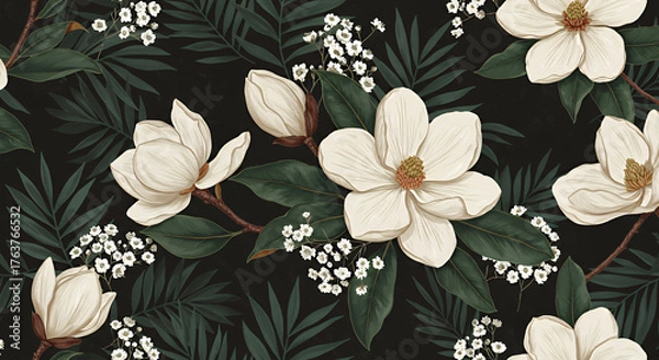 Obraz Elegant White Magnolia Flowers with Green Leaves and Tiny White Blossoms on Transparent Background