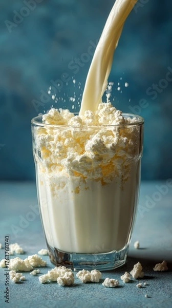 Fototapeta Macro shot of whey protein dissolving in milk, soft natural lighting, nutrition and digestion support imagery