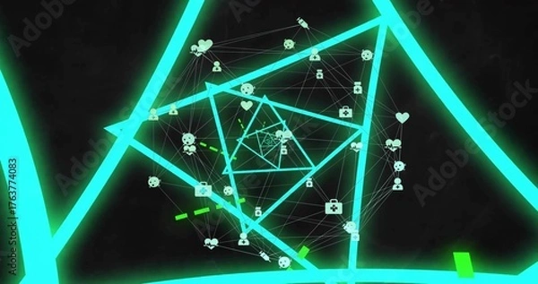 Fototapeta Displaying spiraling network in virtual space, with neon lines, icons, connectors and green accents
