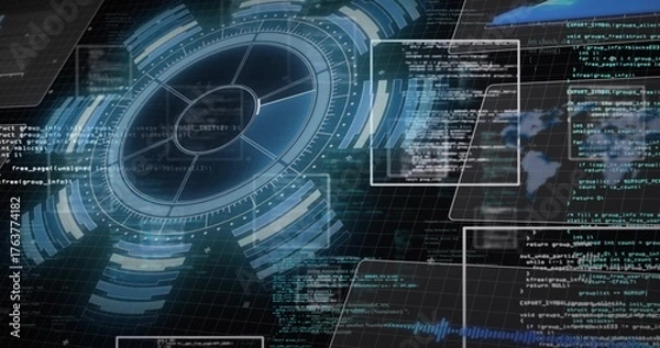 Fototapeta Projecting interface showing circular HUD over grid with code windows and world map silhouette