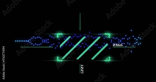 Fototapeta Displaying neon-green frame on screen, corner arrows, slanted bars, blue streams, labels 1227,2466
