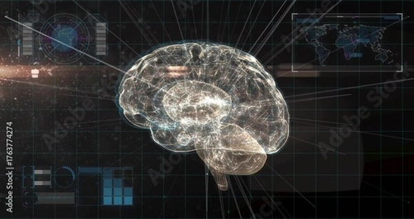 Obraz Projecting holographic brain model floating on lab display, with grid overlay and HUD elements
