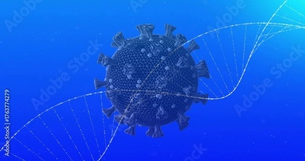Fototapeta Floating 3D wireframe virus model hovering before blue backdrop, with dotted DNA double helix