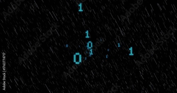 Fototapeta Flowing grey-white streaks mimicking code rain across virtual screen, with glowing cyan binary bits