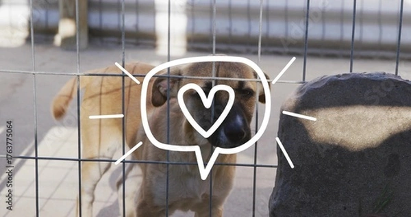 Fototapeta Standing light brown dog with black muzzle in outdoor kennel, with boulder and white speech bubble