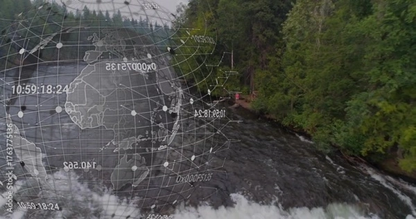 Fototapeta Displaying wireframe globe mesh overlaying river gorge, with data nodes, hiker in red, copy space