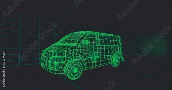 Fototapeta Displaying neon green wireframe van rotating in virtual 3D space, with grid line guides