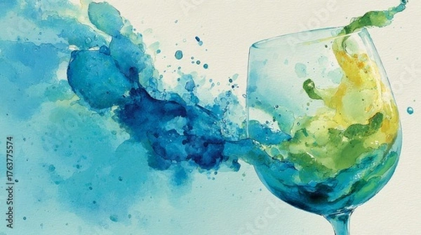 Fototapeta Artistic watercolor closeup of protein isolate dissolving in glass, gentle gradients, fresh and healthy nutrition theme