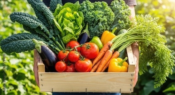 Obraz Harvest basket of fresh vegetables in a green garden