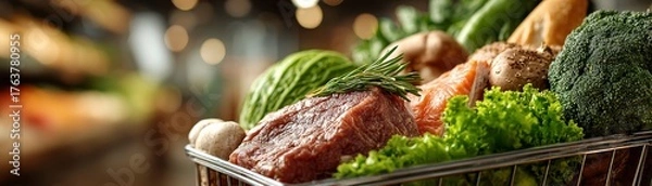 Fototapeta Shopping cart filled with fitnessfocused groceries, lean meats, greens, and whole grains, bright supermarket setting, health and wellness concept