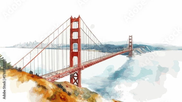 Fototapeta Golden Gate Bridge. Golden Gate Bridge hand drawn watercolor illustration