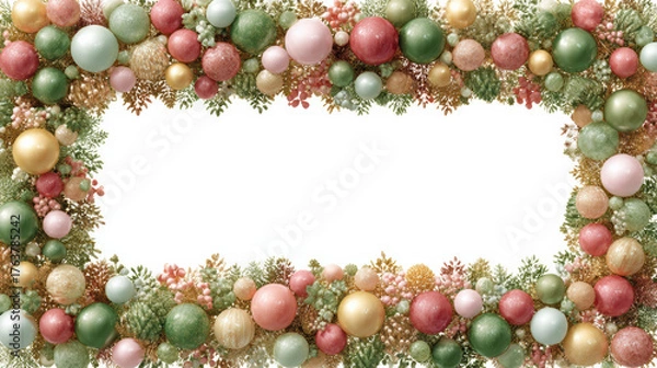 Obraz Festive Christmas decoration frame and border with shiny bauble ornament for joyful holiday celebration. Blank rectangle background for copy space