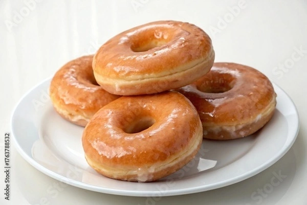 Obraz A small stack of glazed donuts presented on a white ceramic plate