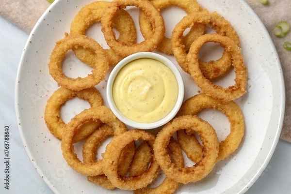 Fototapeta Crispy golden onion rings served with a creamy dipping sauce display