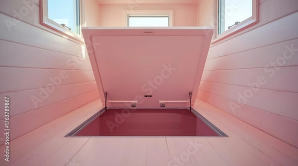 Obraz Underfloor storage hatch in pastel tiny house interior