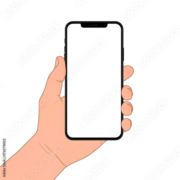 Obraz Cartoon hand holding a smartphone with a blank white screen