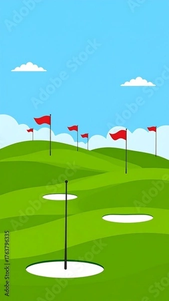 Obraz Cartoon golf course illustration, green fields and red flags