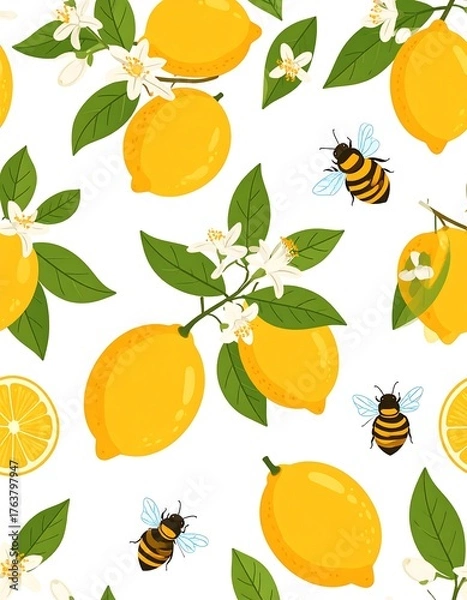 Obraz Cartoon illustration featuring lemons, bees, and blossoms on white