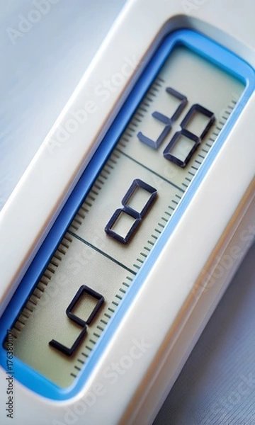 Fototapeta Closeup of digital thermometer showing high fever temperature of 389 degrees