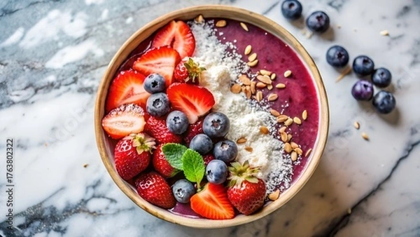 Obraz Healthy smoothie bowl with strawberries, blueberries, and coconut flakes