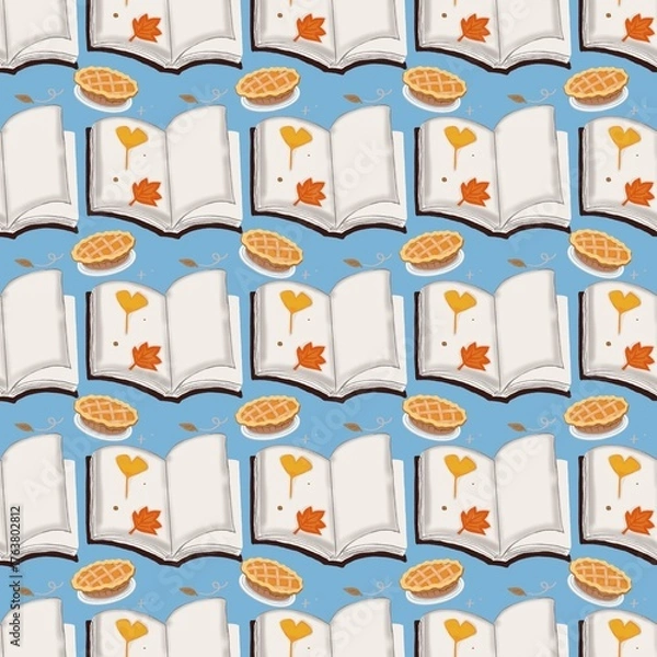 Fototapeta Cozy Autumn Reading Seamless Pattern with Pumpkin Pie and Open Book