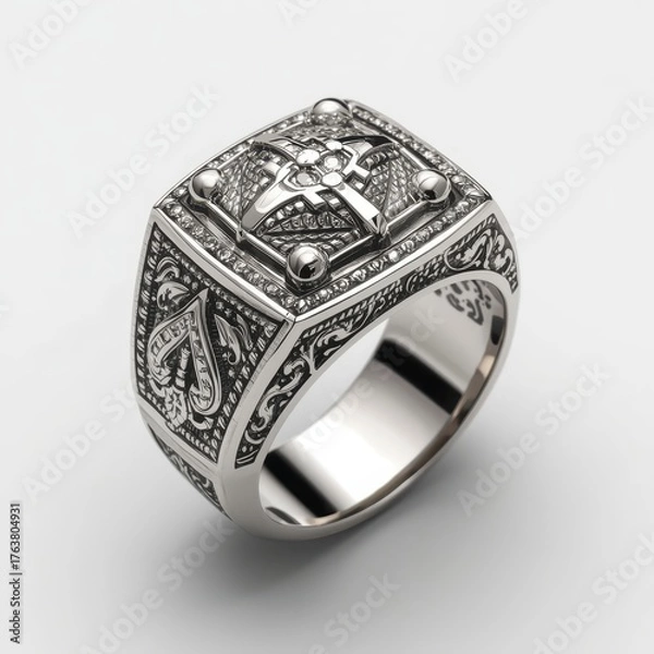 Fototapeta Intricate Silver Signet Ring with Cross and Engravings