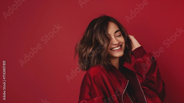 Fototapeta Mulher feliz posando de jaqueta bordô com fundo vermelho
