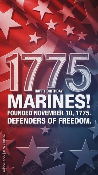 Fototapeta Patriotic Marine Corps Birthday Banner with Bold 1775 Text, Stars, and Rippling Red and Blue US Flag Background