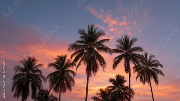 Fototapeta Ethereal sunset silhouettes tropical palms, whispering nature's lullaby, perfect for National Relaxation Day and Coconut Appreciation Day