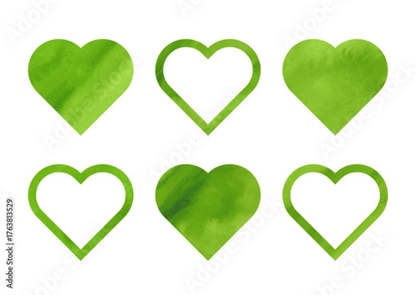 Fototapeta 水彩テクスチャのある黄緑色のハートのセット素材