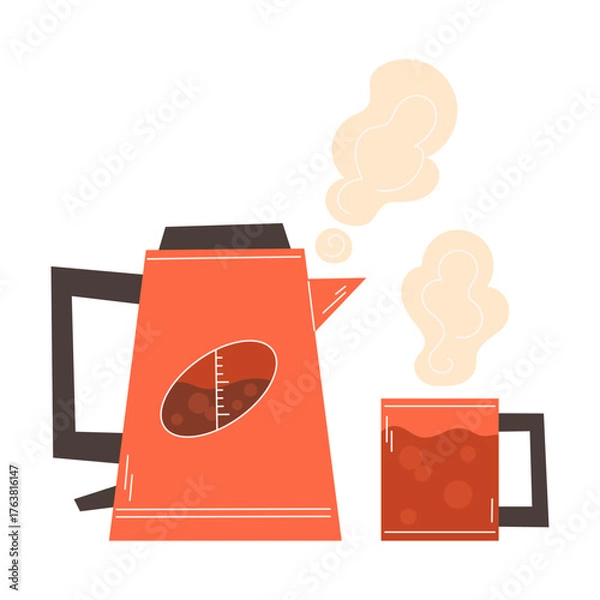 Fototapeta Boiling electric kettle next to cup of hot beverage for cozy tea break