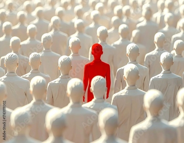 Fototapeta Crowd of people, one figure stands out in a vibrant red color