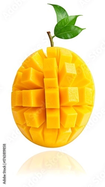 Fototapeta Cubed yellow tropical fruit with green leaves on white background