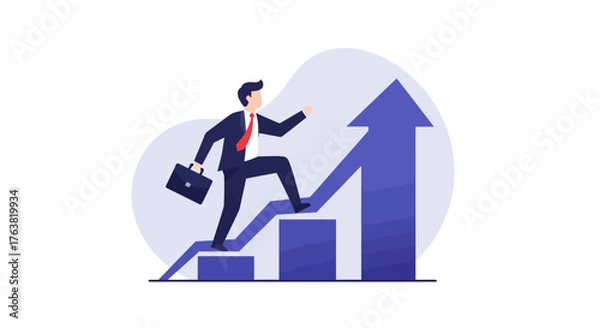 Fototapeta Businessman climbing success ladder with upward arrow in modern flat design
