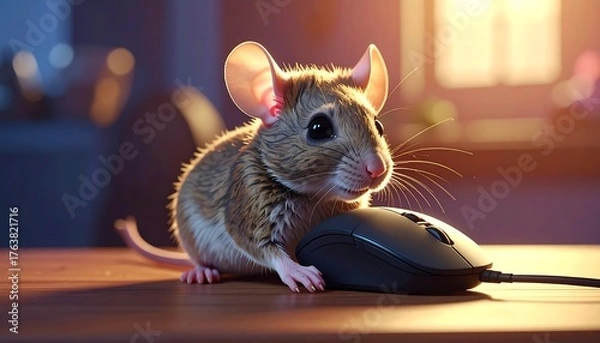 Fototapeta Cute brown and tan mouse by a computer mouse on a table