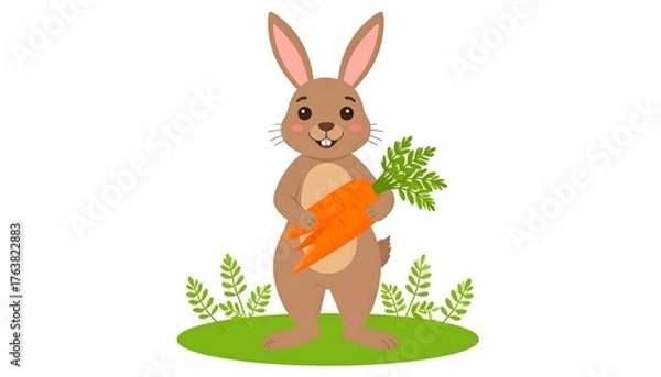 Fototapeta Cute cartoon rabbit holding an orange carrot on a grassy patch