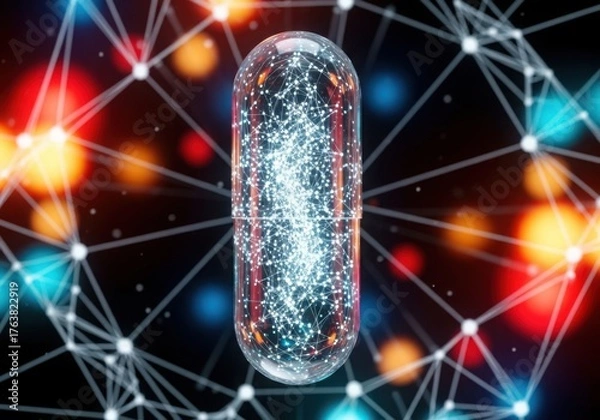 Fototapeta Futuristic capsule with glowing data network background