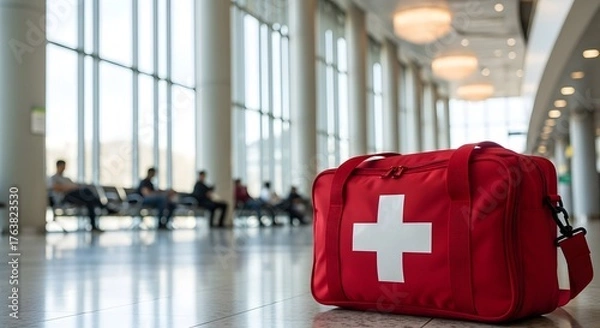 Fototapeta First aid kit ready for emergencies in a modern waiting area, providing quick medical response and safety in public spaces with people waiting