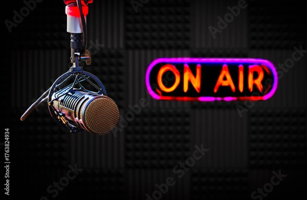 Obraz Microphone in radio studio and on air sign