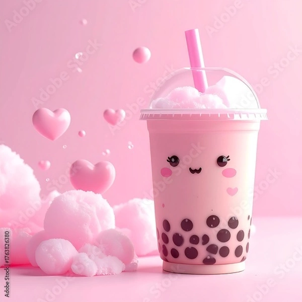 Fototapeta Cute pink drink with tapioca pearls, hearts, and clouds in a playful scene