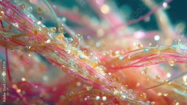 Fototapeta Close-up of interwoven strands with water droplets, pink and gold colors, bokeh background