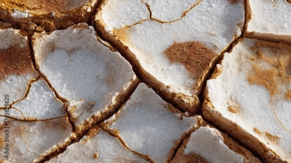 Fototapeta Close-up reveals cracked earth, showcasing earthy tones and patterns of arid land