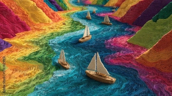 Obraz Colorful river landscape with sailing boats